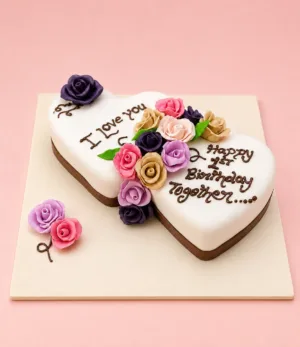 Customized Double Heart Floral Anniversary Cake