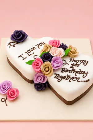 Customized Double Heart Floral Anniversary Cake