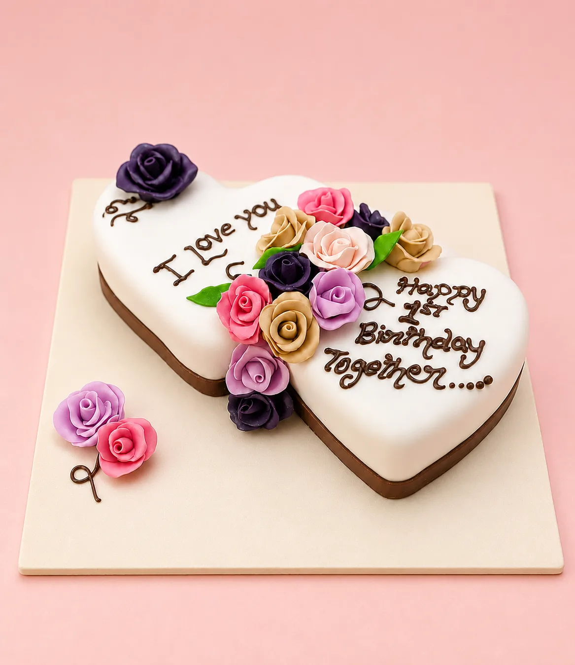 Customized Double Heart Floral Anniversary Cake